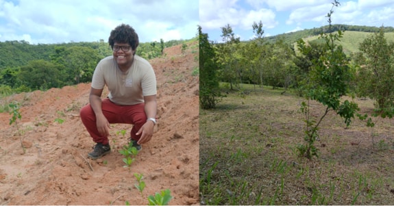 Treeapp’s local planting project coordinator Joaquim Freitas planting saplings in order to regreen the hilly uplands.